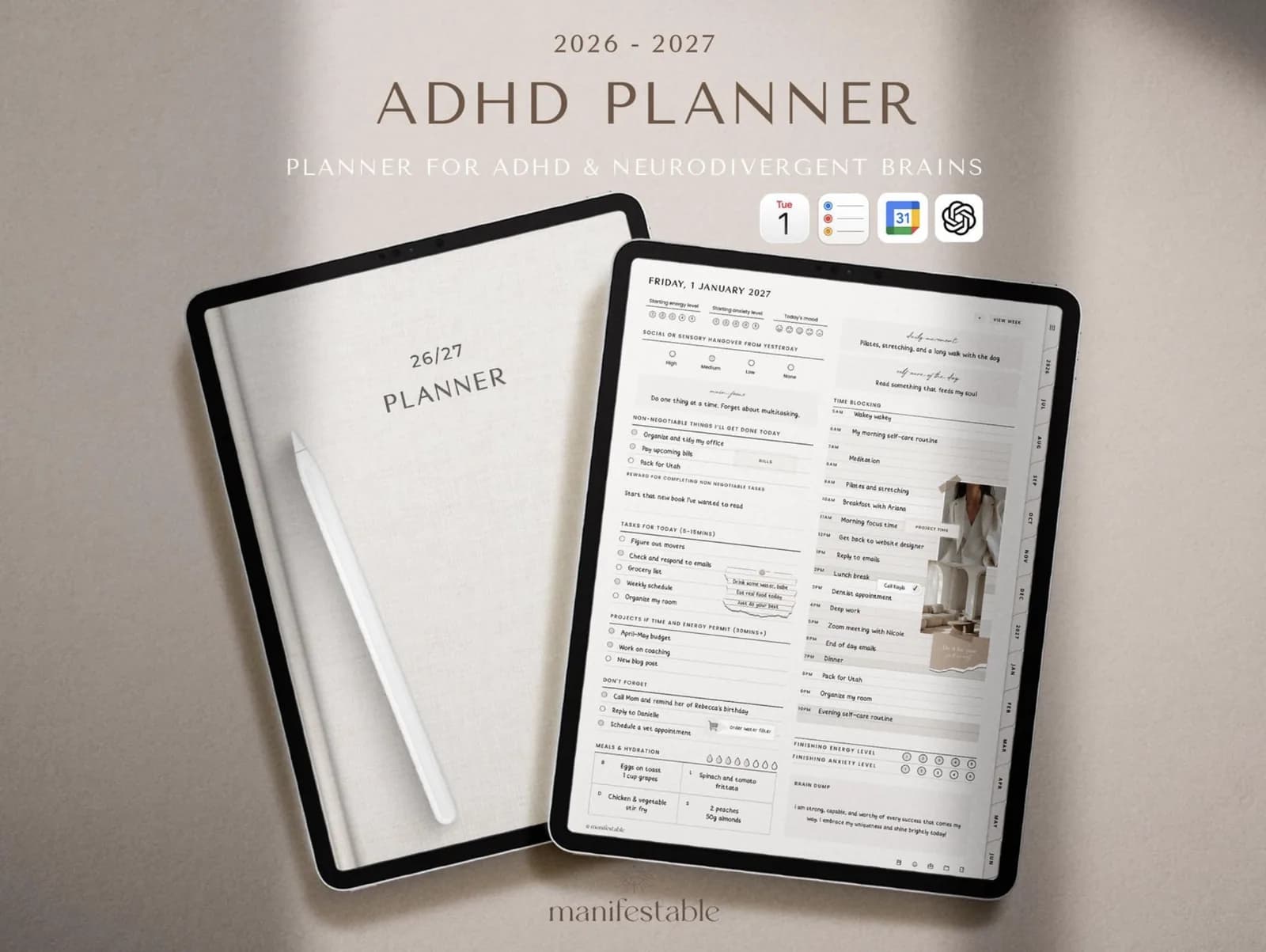 Manifestable 2026–2027 ADHD digital planner shown on two tablets