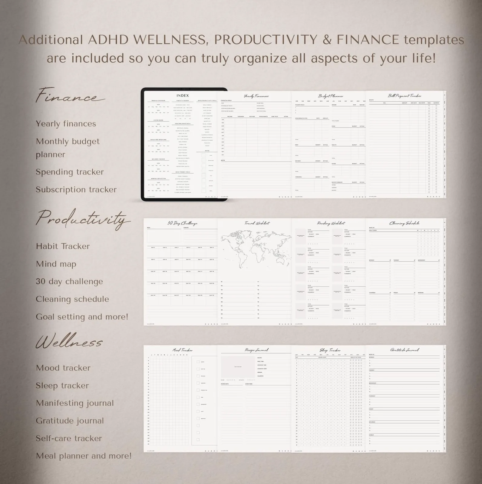Included wellness, productivity, and finance planning templates